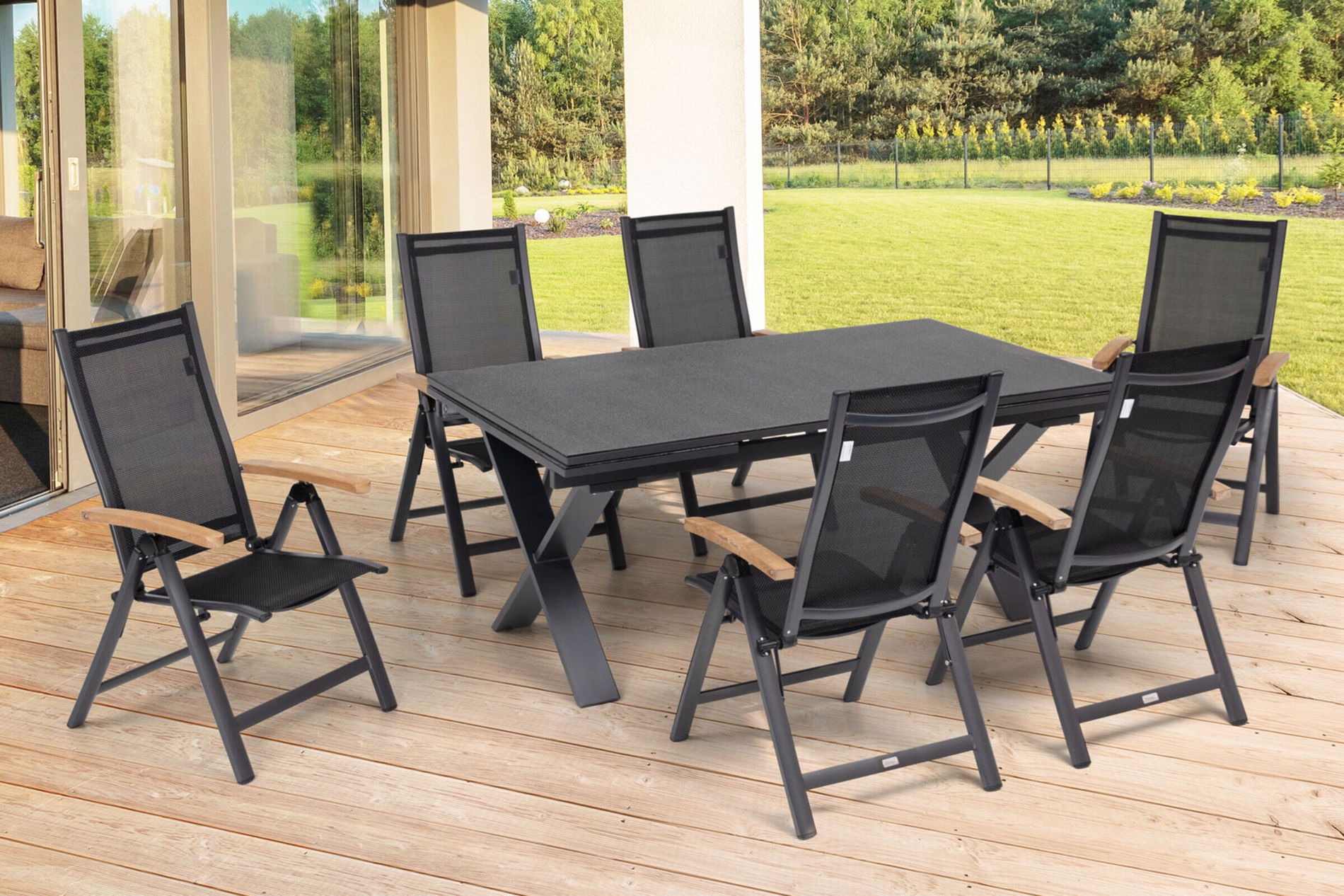 OUTFLEXX Salon à manger de jardin, OUTFLEXX® anthracite mat, Alu / Spraystone / Teck, Table 180/280x100cm, 6 chaises pliantes 22124__1
