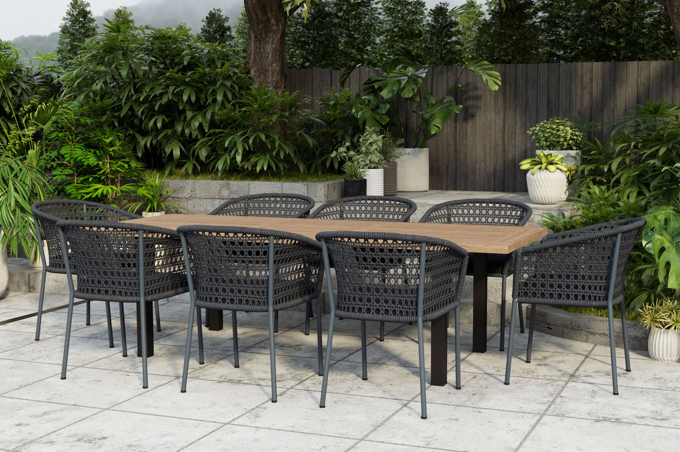 OUTFLEXX Oxford/Zui Groupe de repas de jardin, anthracite/gris foncé, acier inoxydable/teck recyclé/Rope, 200/260 x 100 cm, 8x fauteuils, coussins inclus 24311__1
