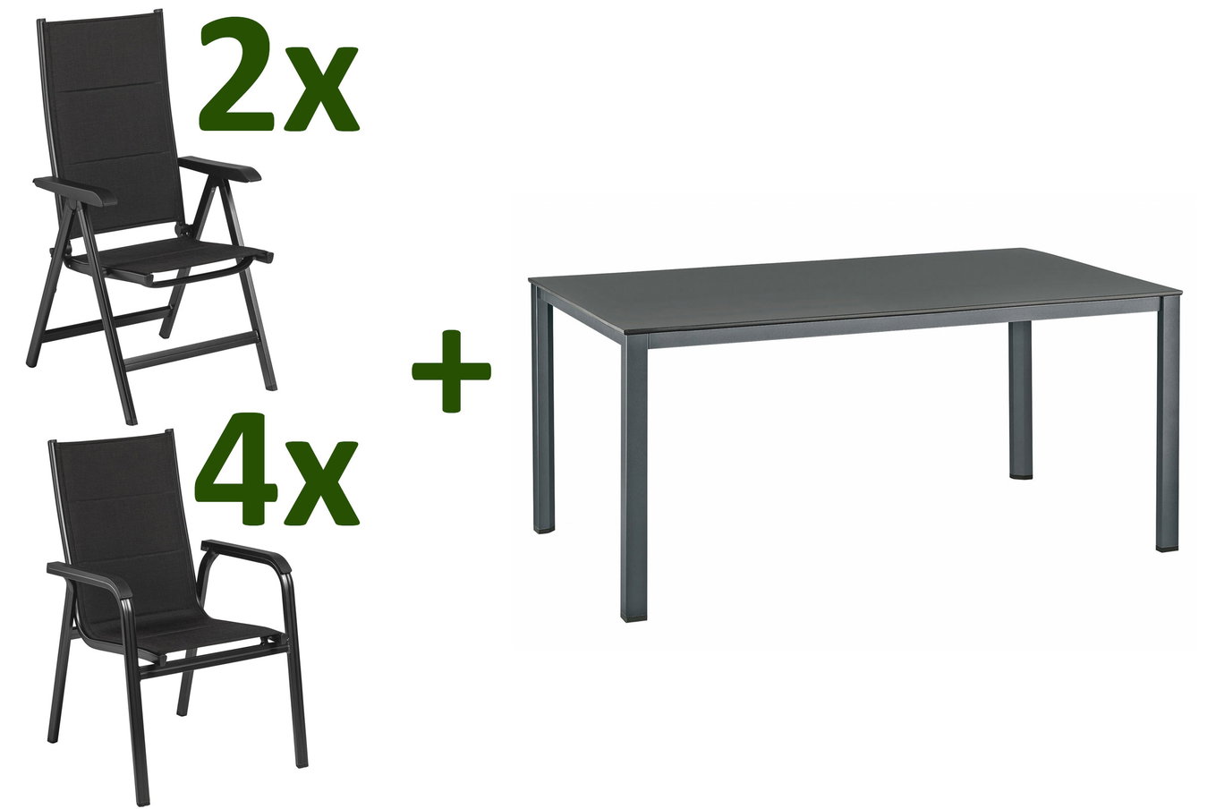 KETTLER KETTALUX-PLUS/Basic Plus Padded Salon de jardin, anthracite, Alu/Textilène, Table 160x95 cm, 2 chaises pliantes, 4 fauteuils empilables 22983__1