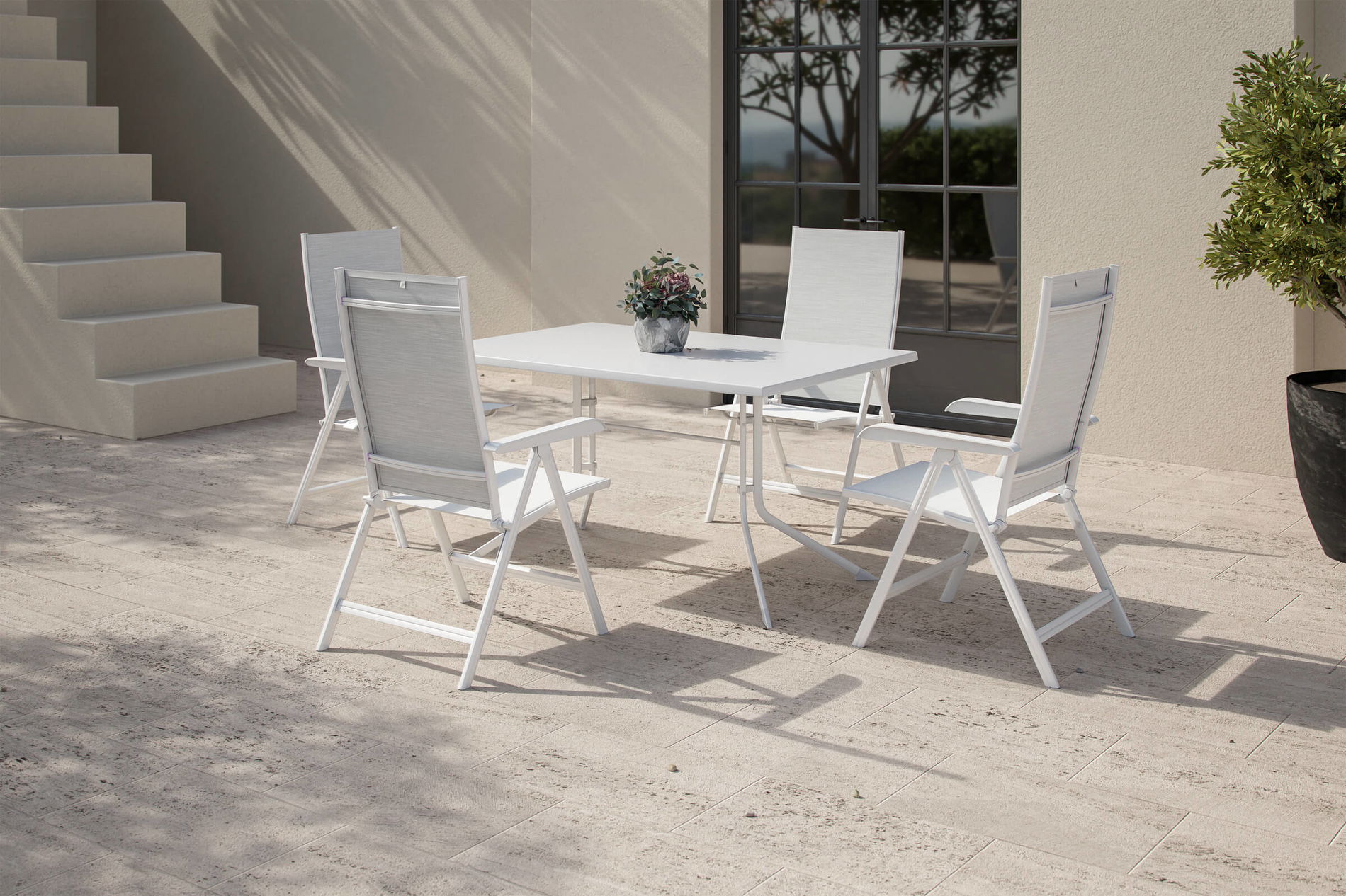 KETTLER BOULEVARD/BASIC PLUS Salon de jardin, blanc, aluminium, table pliante 140 x 95 cm, 4 chaises pliantes