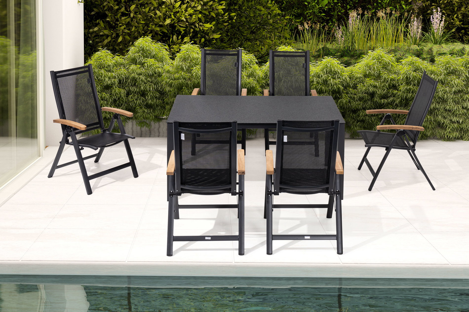 OUTFLEXX Groupe repas de jardin, anthracite mat, Alu/Spraystone/Textilène, 160x95 cm, 6 chaises pliantes, accoudoirs en teck 28181__1