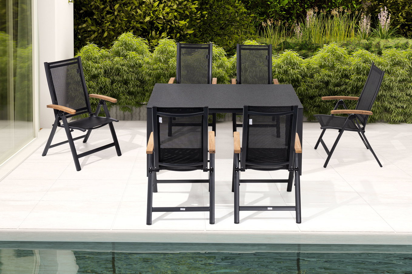 OUTFLEXX Groupe repas de jardin, anthracite mat, Alu/Spraystone/Textilène, 160x95 cm, 6 chaises pliantes, accoudoirs en teck 28181__1