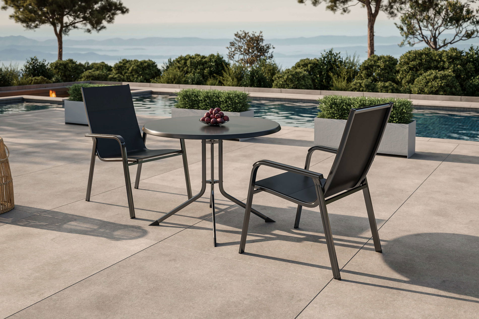 Salon de jardin KETTLER BOULEVARD/BASIC PLUS avec 2 fauteuils empilables, anthracite, Alu/Kettalux, table pliante Ø100 cm