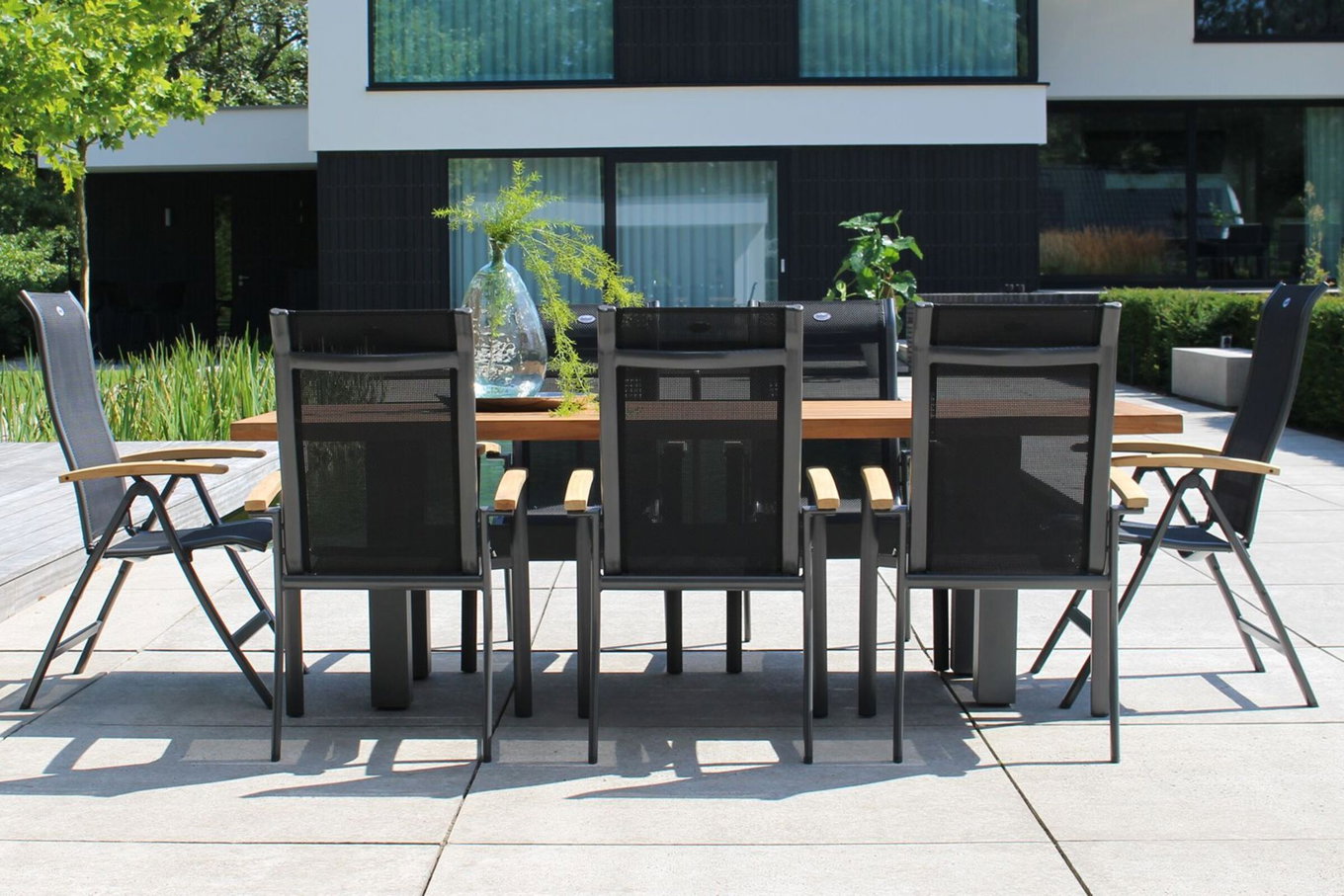 HARTMAN Modèle spécial Yasmani/Alice Ensemble table à manger jardin, xerix, Alu/Teck, 4x4 Textiles, 240x100cm, 6 empilables, 2 chaises pliantes 19046__1