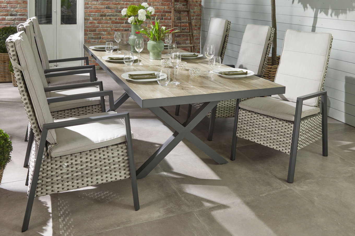 Ploß Louvra 2 Ensemble repas de jardin, naturel/anthracite, Polyrotin/Alu, Table 200/260 x 100 cm, 6 fauteuils 22673__1