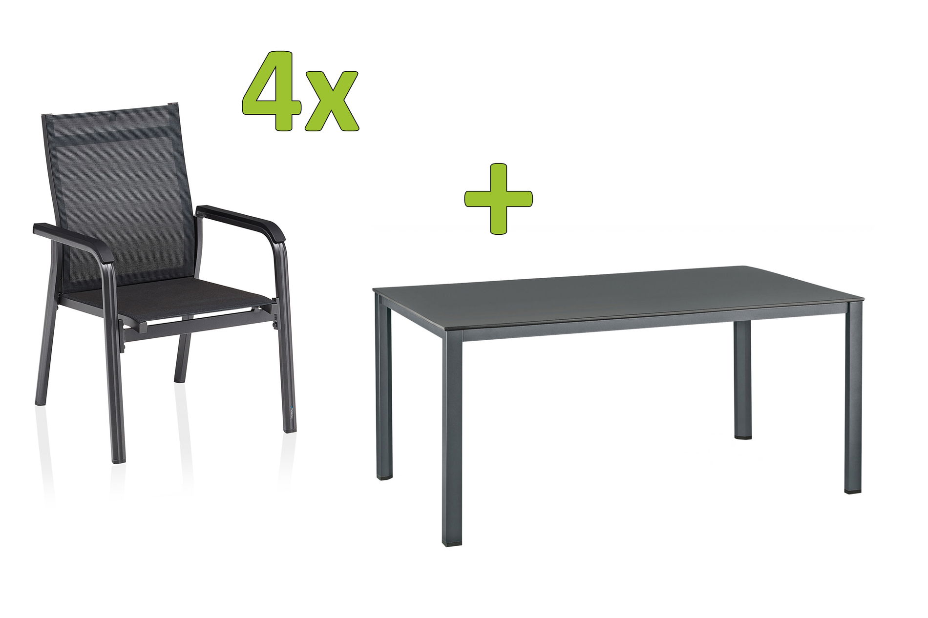 KETTLER BasicPlus Premium ensemble repas extérieur, anthracite/réglisse, Alu/Textilene, table 160x95 cm, 4 fauteuils empilables 31509__1
